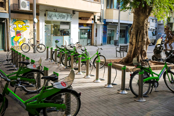 Municipal rental bike stand, Florentin  Photo:Guy Yechiely